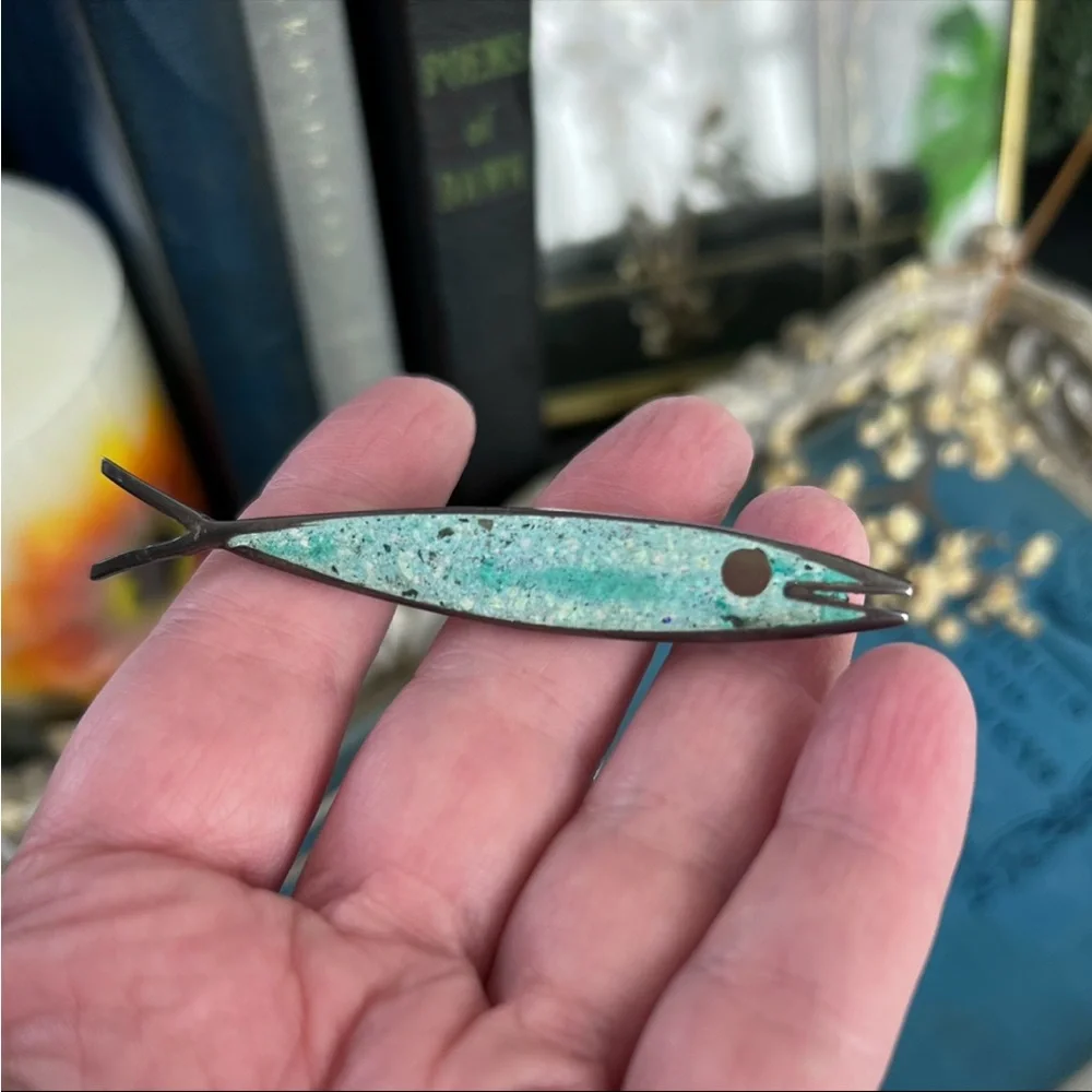Vintage Sterling Turquoise Modernist Fish Sardine Pin - Picture 2 of 5